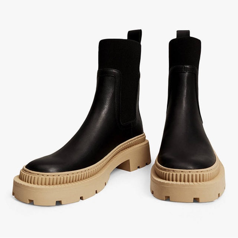 Mango Black Leather Chelsea Ankle Boots with Tan Lug Sole